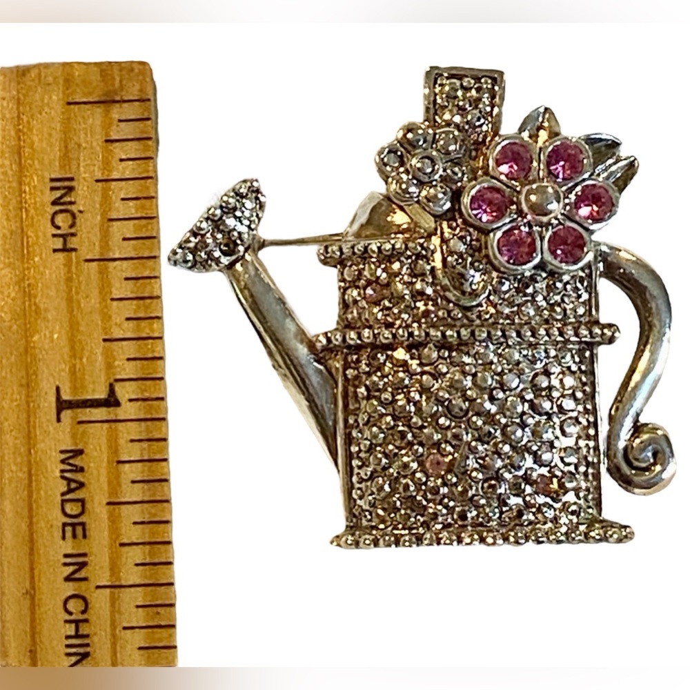 Silver Watering Can Brooch with Pink Rhinestone Flower Accent